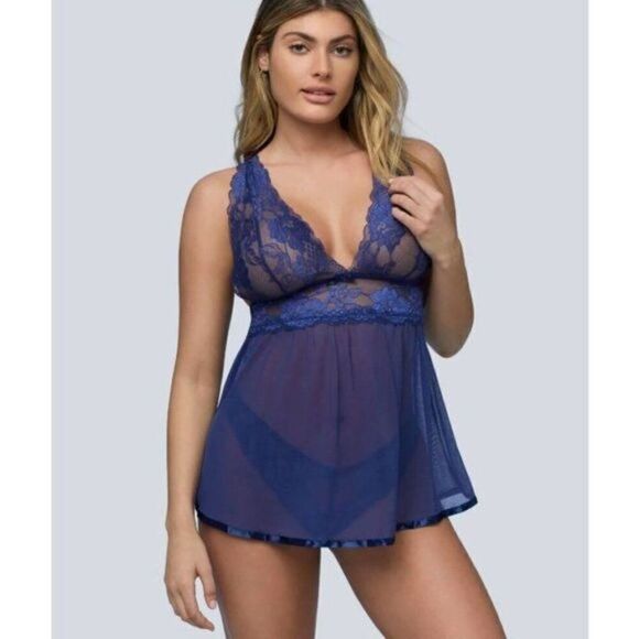 Blue Babydoll Set Lace Plunging Lingerie - Picture 1 of 7